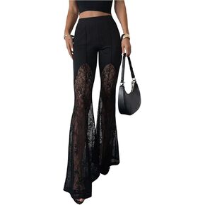 Floerns Women's Goth Floral Lace Flare Leg Pants Elastic Waist Bell Bottom Grunge Hippie Trousers in Saudi Arabia