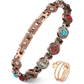 Feraco Pure Copper Bracelets & Rings for Women, Ultra Strength Magnetic Bracelet with 3800 Gauss Magnets & Natural Turquoise & Stones, Adjustable, Jewelry Gift in Saudi Arabia