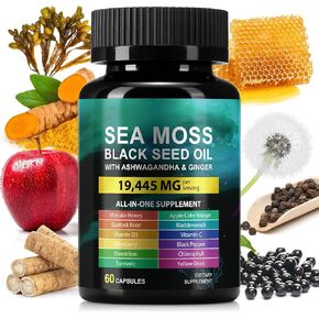 Sea Moss Black Seed Oil Ashwagandha Turmeric Bladderwrack Burdock Root Capsule with Chlorophyll,Elderberry,Manuka,Dandelion,Ginger,Vitamin C Vitamin D3,Immunity & Energy Support, 60 Counts in Kuwait