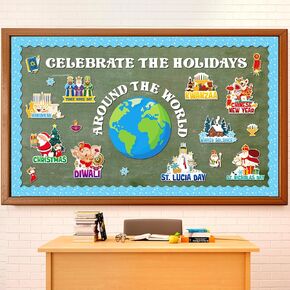 68pcs Winter Bulletin Board Decorations Set Holidays Around The World Posters with Christmas Chinese New Year Hanukkah Diwali St Lucia Kwanzaa Solstice St Nicholas for School Home Wall Decor in Kuwait