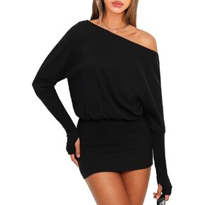 OZICERD Women Off One Shoulder Going Out Mini Dress Loose Batwing Long Sleeve Hip Wrap Bodycon Casual Dresses Black in Saudi Arabia