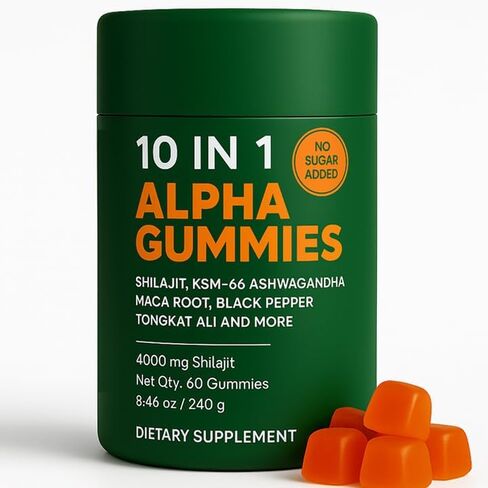 Alpha Gummies 10 in 1 for Men | 4000mg Himalayan Alpha Shilajit Gummies for Energy & Immune | 75% Fulvic Acid, 85+ Trace Minerals, Ashwagandha, Gokshura | No Added Sugar, Non-GMO, 60 Count (1) in Saudi Arabia