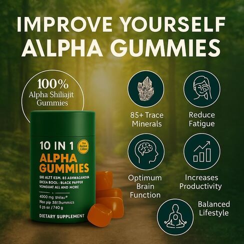 Alpha Gummies 10 in 1 for Men | 4000mg Himalayan Alpha Shilajit Gummies for Energy & Immune | 75% Fulvic Acid, 85+ Trace Minerals, Ashwagandha, Gokshura | No Added Sugar, Non-GMO, 60 Count (1) in Saudi Arabia