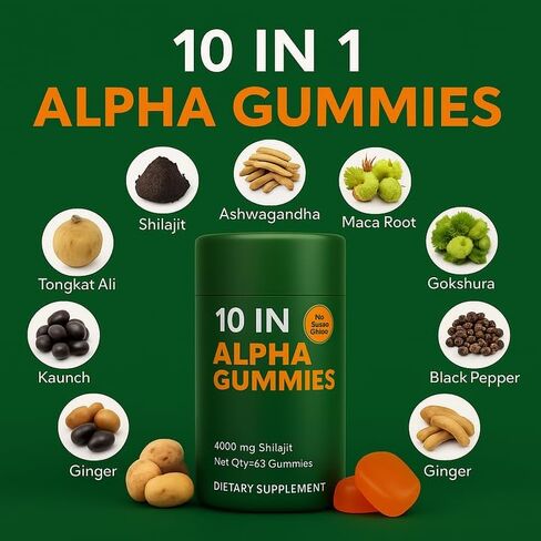 Alpha Gummies 10 in 1 for Men | 4000mg Himalayan Alpha Shilajit Gummies for Energy & Immune | 75% Fulvic Acid, 85+ Trace Minerals, Ashwagandha, Gokshura | No Added Sugar, Non-GMO, 60 Count (1) in Saudi Arabia
