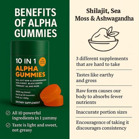 Alpha Gummies 10 in 1 for Men | 4000mg Himalayan Alpha Shilajit Gummies for Energy & Immune | 75% Fulvic Acid, 85+ Trace Minerals, Ashwagandha, Gokshura | No Added Sugar, Non-GMO, 60 Count (1) in Saudi Arabia