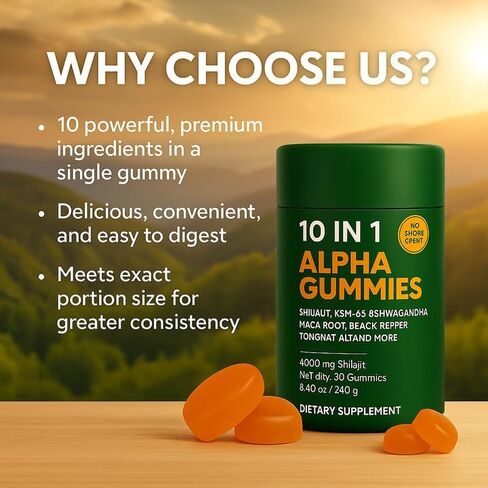 Alpha Gummies 10 in 1 for Men | 4000mg Himalayan Alpha Shilajit Gummies for Energy & Immune | 75% Fulvic Acid, 85+ Trace Minerals, Ashwagandha, Gokshura | No Added Sugar, Non-GMO, 60 Count (1) in Saudi Arabia