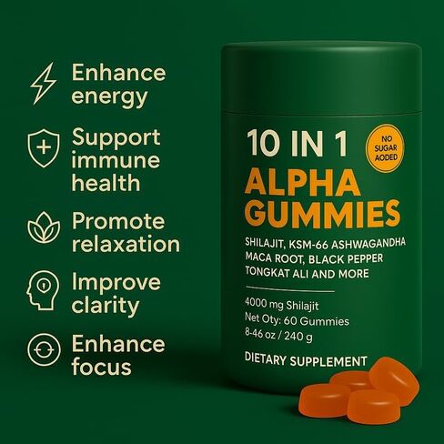 Alpha Gummies 10 in 1 for Men | 4000mg Himalayan Alpha Shilajit Gummies for Energy & Immune | 75% Fulvic Acid, 85+ Trace Minerals, Ashwagandha, Gokshura | No Added Sugar, Non-GMO, 60 Count (1) in Saudi Arabia