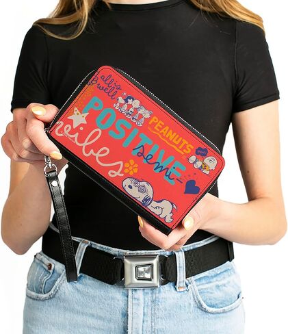 Buckle-Down Peanuts Wallet, Zip Around, Peanuts Gang Semi Positive Vibes Poses Red Blues White, Vegan Leather in Saudi Arabia