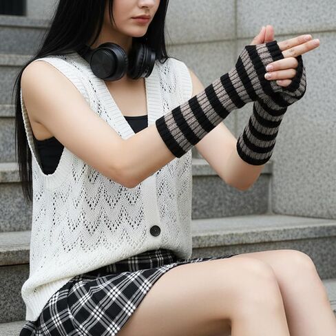 Arm Warmers, Y2k Striped Arm Warmers, Long Fingerless Knitted Gloves Alt Clothes Accessories, Cool Winter Arms Sleeves Scene Clothes in Saudi Arabia