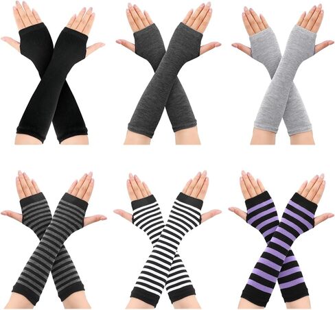 6 أزواج من قفازات البانك القوطية الطويلة بدون أصابع، قفازات مخططة لتدفئة الذراع، قفازات بفتحة الإبهام للنساء in Kuwait