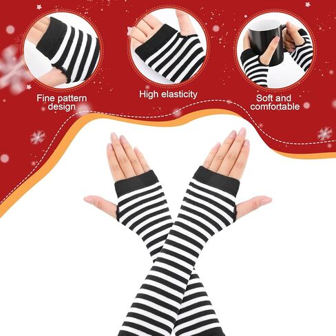 6 أزواج من قفازات البانك القوطية الطويلة بدون أصابع، قفازات مخططة لتدفئة الذراع، قفازات بفتحة الإبهام للنساء in Kuwait