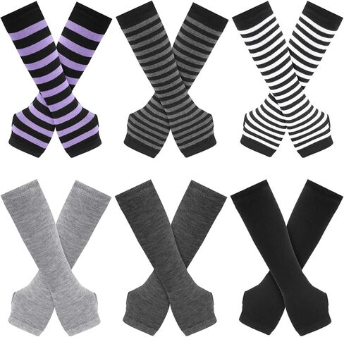 6 أزواج من قفازات البانك القوطية الطويلة بدون أصابع، قفازات مخططة لتدفئة الذراع، قفازات بفتحة الإبهام للنساء in Kuwait