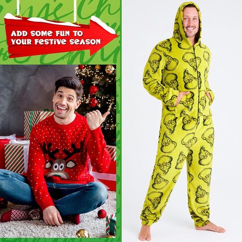 The Grinch Mens Fleece One Piece Pajamas With Hood, Cozy Loungewear in Saudi Arabia