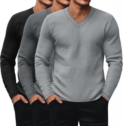 Ficerd 3 Pack Men's Waffle Thermal Long Sleeve Shirts V Neck Underwear Tops Casual Knit Undershirts Pullover Sweaters in Saudi Arabia