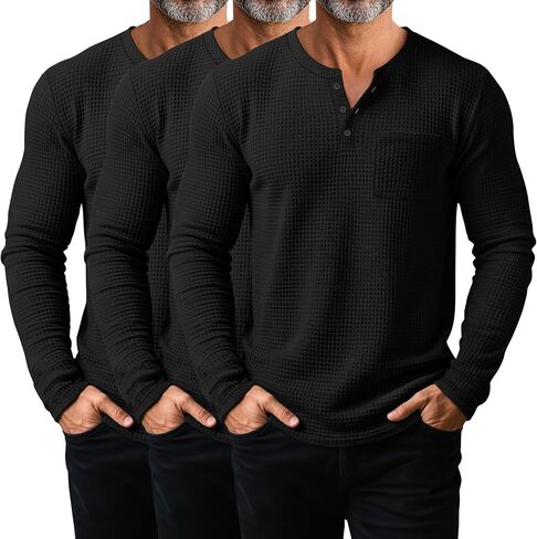 مجموعة من 3 قمصان حرارية بأكمام طويلة للرجال من Waffle Henley، قمصان داخلية كاجوال بمقاس عادي مع جيوب in Kuwait