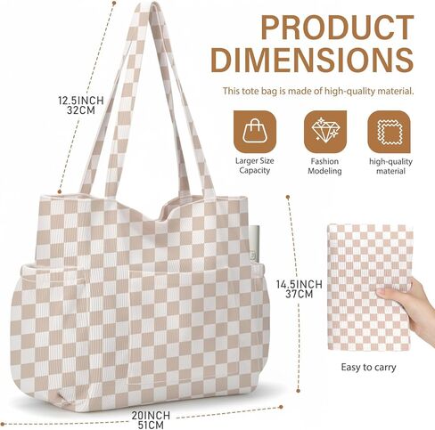 Corduroy Tote Bag for Women,Large Capacity Cute Tote Bags With 6 Pockets,Crossbody Shoulder Handbag for Work Travel Gym in Saudi Arabia