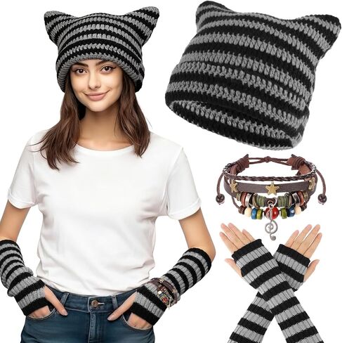 Jspupifip Y2k Beanie Cute Cat Crochet Hats with Kawaii Arm Warmers Grunge Accessories Layer Bracelets for Japanese Harajuke Cosplay Lolita Rave Festival, Anime Cosplay in Saudi Arabia