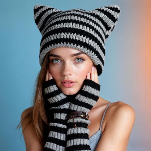 Jspupifip Y2k Beanie Cute Cat Crochet Hats with Kawaii Arm Warmers Grunge Accessories Layer Bracelets for Japanese Harajuke Cosplay Lolita Rave Festival, Anime Cosplay in Saudi Arabia