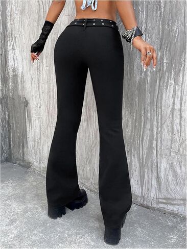 WDIRARA Women's Gothic Punk Grommet Eyelet Belted Flare Pants Low Rise Bootcut Pants in Kuwait