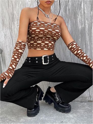 WDIRARA Women's Gothic Punk Grommet Eyelet Belted Flare Pants Low Rise Bootcut Pants in Kuwait