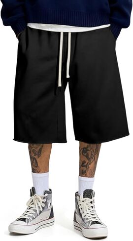 JMIERR 2026 Men's Baggy Sweat Shorts Under Knee Shorts Casual Raw Hem Drawstring Waist Y2K Shorts Loose Fit Gym Shorts in Kuwait