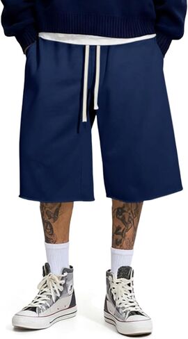 JMIERR 2026 Men's Baggy Sweat Shorts Under Knee Shorts Casual Raw Hem Drawstring Waist Y2K Shorts Loose Fit Gym Shorts in Kuwait