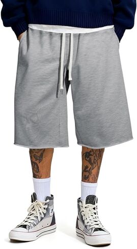 JMIERR 2026 Men's Baggy Sweat Shorts Under Knee Shorts Casual Raw Hem Drawstring Waist Y2K Shorts Loose Fit Gym Shorts in Kuwait
