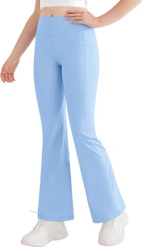 DOCUMO الفتيات طماق مضيئة مع جيب - قيعان الجرس كامل طول ارتفاع الخصر السراويل اليوغا Bootcut طماق الرياضية الفتيات في سن المراهقة in Kuwait
