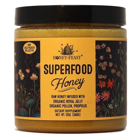 HONEY FEAST 12 أونصة عسل سوبر فود خام مدعم بالزهرة مع غذاء ملكات النحل وحبوب لقاح النحل ودنج النحل ومعبأ على البارد ومصبوب يدويًا في فلوريدا بالولايات المتحدة الأمريكية in Kuwait