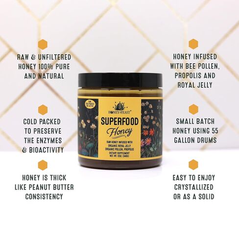 HONEY FEAST 12 أونصة عسل سوبر فود خام مدعم بالزهرة مع غذاء ملكات النحل وحبوب لقاح النحل ودنج النحل ومعبأ على البارد ومصبوب يدويًا في فلوريدا بالولايات المتحدة الأمريكية in Kuwait