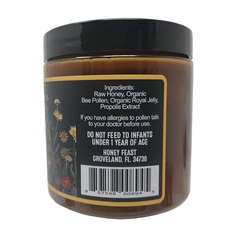 HONEY FEAST 12 أونصة عسل سوبر فود خام مدعم بالزهرة مع غذاء ملكات النحل وحبوب لقاح النحل ودنج النحل ومعبأ على البارد ومصبوب يدويًا في فلوريدا بالولايات المتحدة الأمريكية in Kuwait