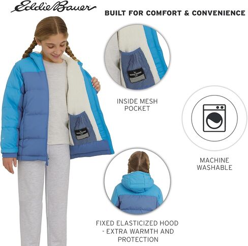 سترة Eddie Bauer للفتيات كلاسيكية ثقيلة الوزن ومبطنة بالفرو الصناعي معزولة بغطاء للرأس، مقاس Infinity مقاس متوسط in Saudi Arabia