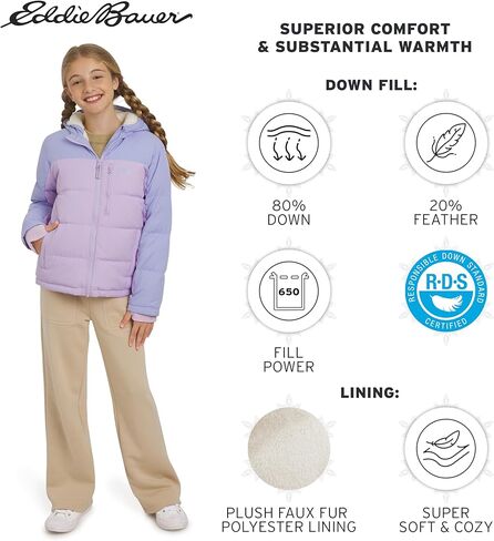 سترة Eddie Bauer للفتيات كلاسيكية ثقيلة الوزن مبطنة بالفرو الصناعي معزولة بغطاء للرأس، مقاس X-Small in Saudi Arabia