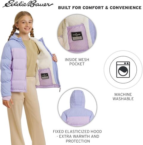 سترة Eddie Bauer للفتيات كلاسيكية ثقيلة الوزن مبطنة بالفرو الصناعي معزولة بغطاء للرأس، مقاس X-Small in Saudi Arabia