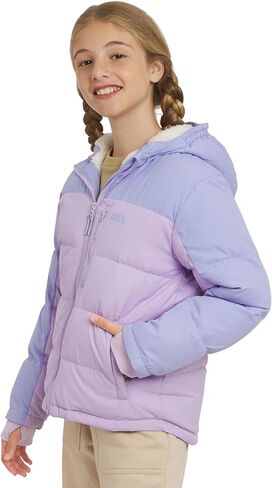 جاكيت Eddie Bauer للفتيات كلاسيكي ثقيل الوزن مبطن بالفرو الصناعي معزول بغطاء للرأس، مقاس كبير لافندر in Saudi Arabia