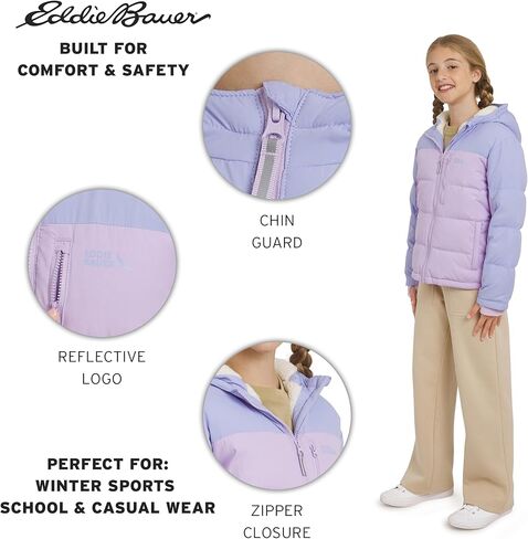 جاكيت Eddie Bauer للفتيات كلاسيكي ثقيل الوزن مبطن بالفرو الصناعي معزول بغطاء للرأس، مقاس كبير لافندر in Saudi Arabia
