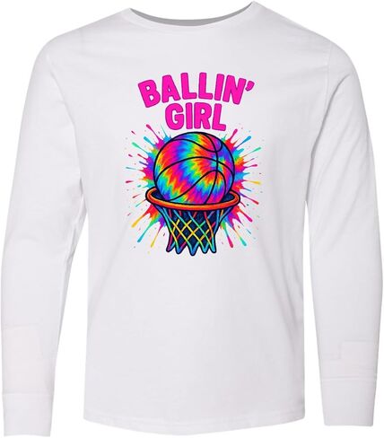تي شيرت Inktastic Ballin' Girl لكرة السلة Rainbow Splash للشباب بأكمام طويلة in Kuwait