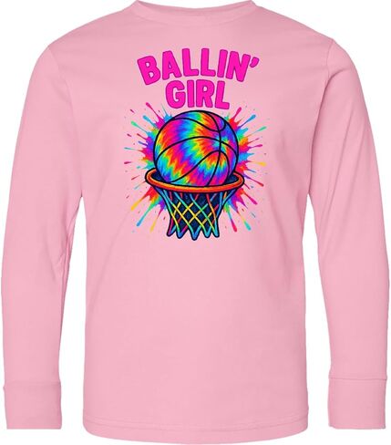 تي شيرت Inktastic Ballin' Girl لكرة السلة Rainbow Splash للشباب بأكمام طويلة in Kuwait