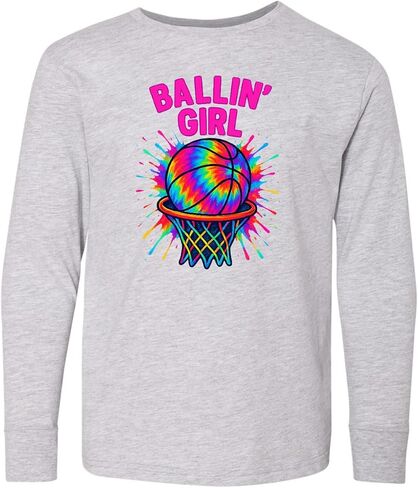 تي شيرت Inktastic Ballin' Girl لكرة السلة Rainbow Splash للشباب بأكمام طويلة in Kuwait