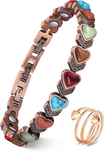 Feraco Pure Copper Bracelets & Rings for Women, Ultra Strength Magnetic Bracelet with 3800 Gauss Magnets & Natural Turquoise & Stones, Adjustable, Jewelry Gift in Saudi Arabia