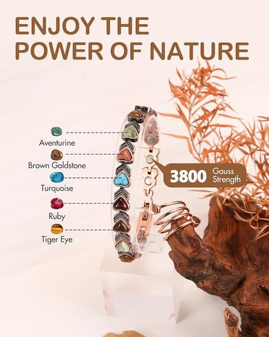 Feraco Pure Copper Bracelets & Rings for Women, Ultra Strength Magnetic Bracelet with 3800 Gauss Magnets & Natural Turquoise & Stones, Adjustable, Jewelry Gift in Saudi Arabia