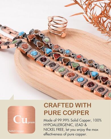 Feraco Pure Copper Bracelets & Rings for Women, Ultra Strength Magnetic Bracelet with 3800 Gauss Magnets & Natural Turquoise & Stones, Adjustable, Jewelry Gift in Saudi Arabia