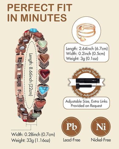 Feraco Pure Copper Bracelets & Rings for Women, Ultra Strength Magnetic Bracelet with 3800 Gauss Magnets & Natural Turquoise & Stones, Adjustable, Jewelry Gift in Saudi Arabia