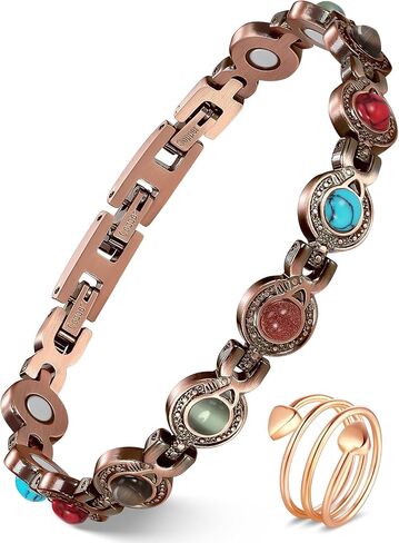 Feraco Pure Copper Bracelets & Rings for Women, Ultra Strength Magnetic Bracelet with 3800 Gauss Magnets & Natural Turquoise & Stones, Adjustable, Jewelry Gift in Saudi Arabia