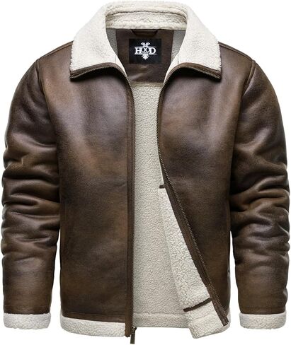 HOOD CREW Men’s Vintage Distressed Jacket Winter Warm Faux Shearling Leather Bomber Jackets Motorcycle Biker Coats in Saudi Arabia