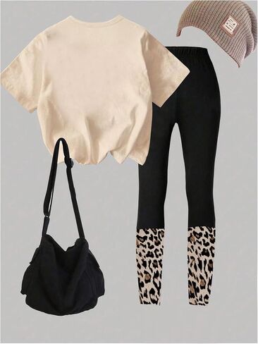 Girl's 2 Piece Leopard Cheetah Outfits Short Sleeve Heart Graphic Tees and Skinny Leggings Sets in Saudi Arabia