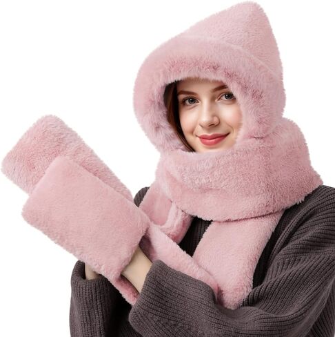 Hooded Scarf for women 3-in-1, Warm hood scarf with Pocket Mitts Winter Hat Scarfs Gloves Set for Women in Saudi Arabia