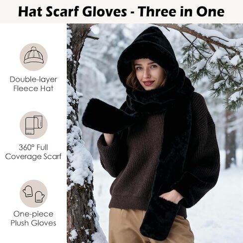 Hooded Scarf for women 3-in-1, Warm hood scarf with Pocket Mitts Winter Hat Scarfs Gloves Set for Women in Saudi Arabia