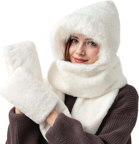 Hooded Scarf for women 3-in-1, Warm hood scarf with Pocket Mitts Winter Hat Scarfs Gloves Set for Women in Saudi Arabia