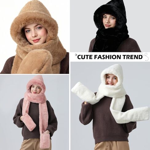 Hooded Scarf for women 3-in-1, Warm hood scarf with Pocket Mitts Winter Hat Scarfs Gloves Set for Women in Saudi Arabia